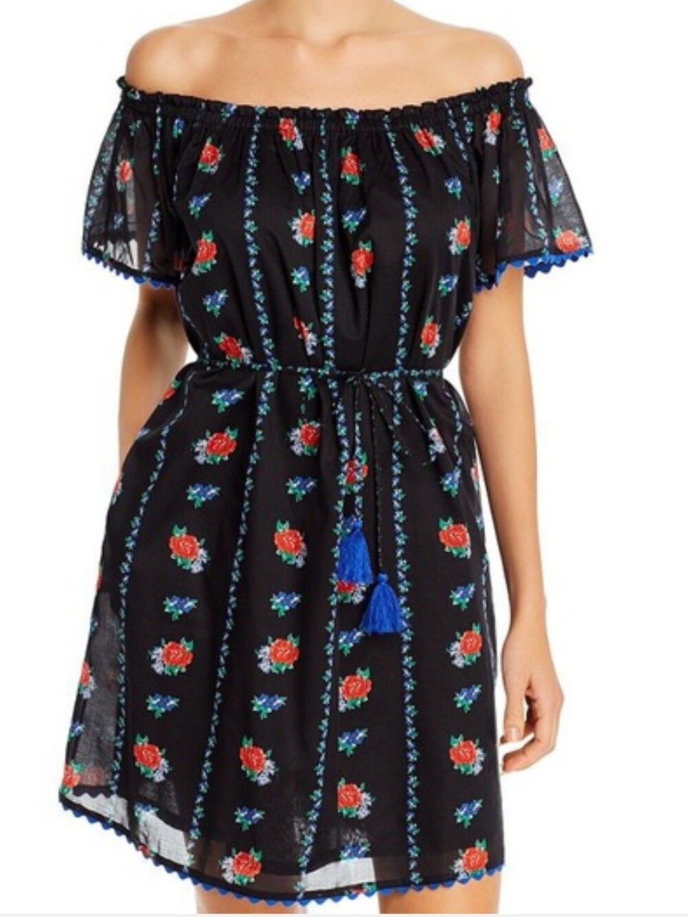 Tory Burch Black Mini Dress with Red Rose Print and Blue Tassels  Size S